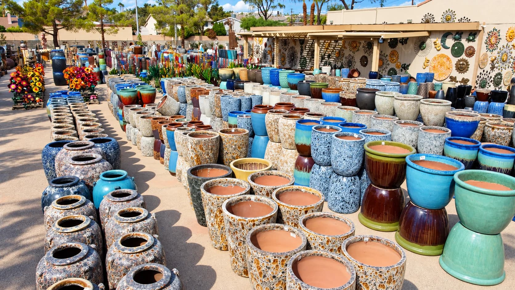 Rows of colorful glazed pottery in the Outdoor Living yard